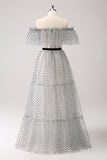 Hvit Svart A-linje Dot Off-the-Shoulder Ballkjole