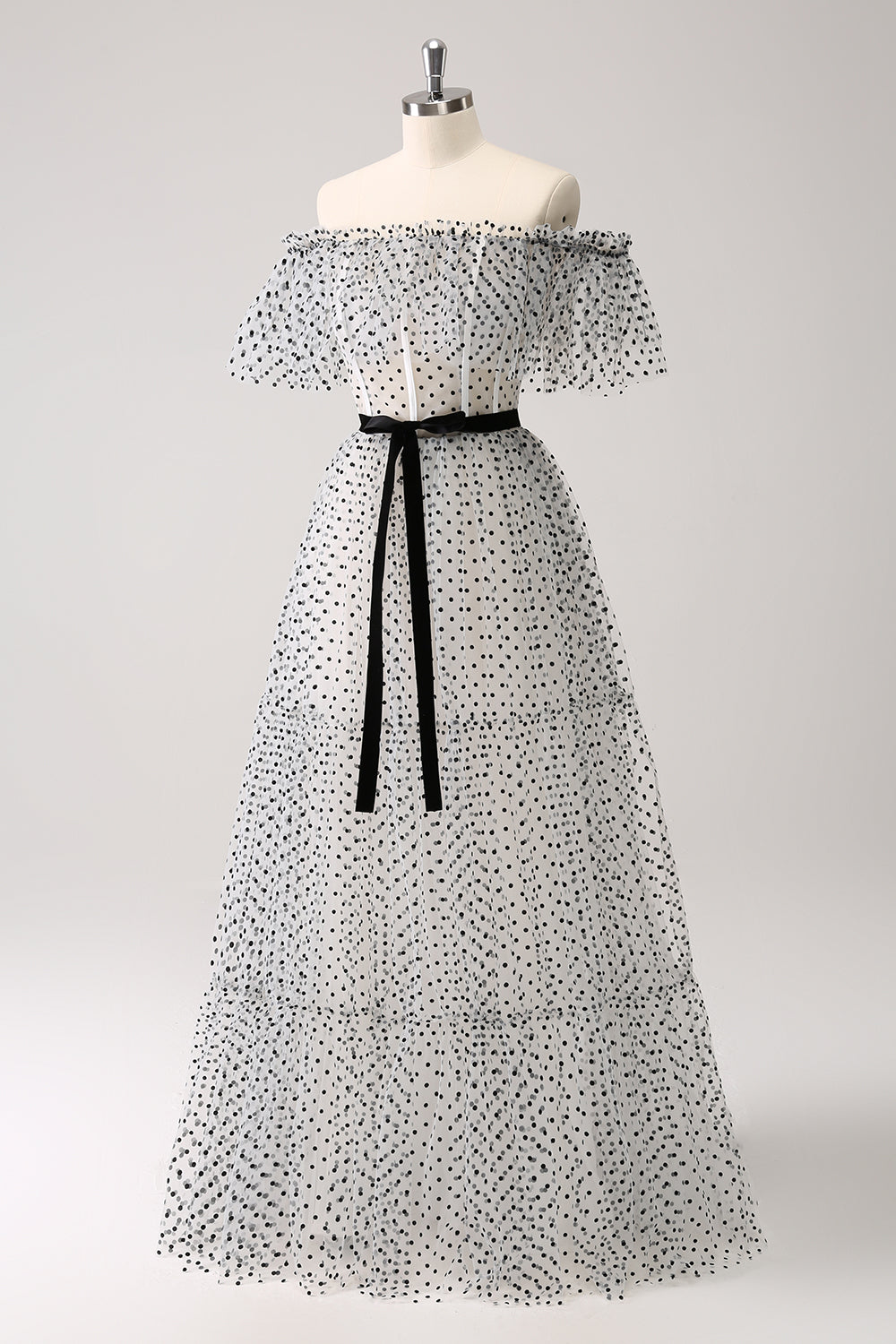 Hvit Svart A-linje Dot Off-the-Shoulder Ballkjole