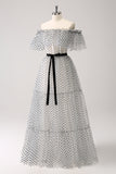 Hvit Svart A-linje Dot Off-the-Shoulder Ballkjole