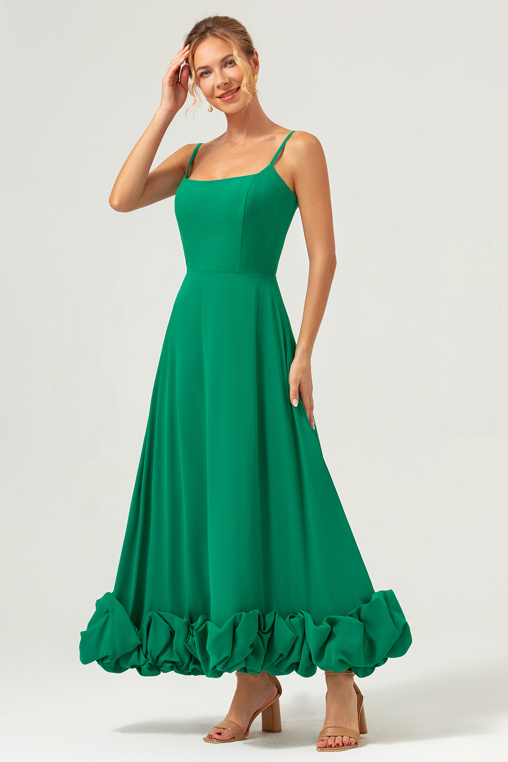 Elegant Grønn A Line Spaghetti Stropper Chiffon Lang Brudepike Kjole