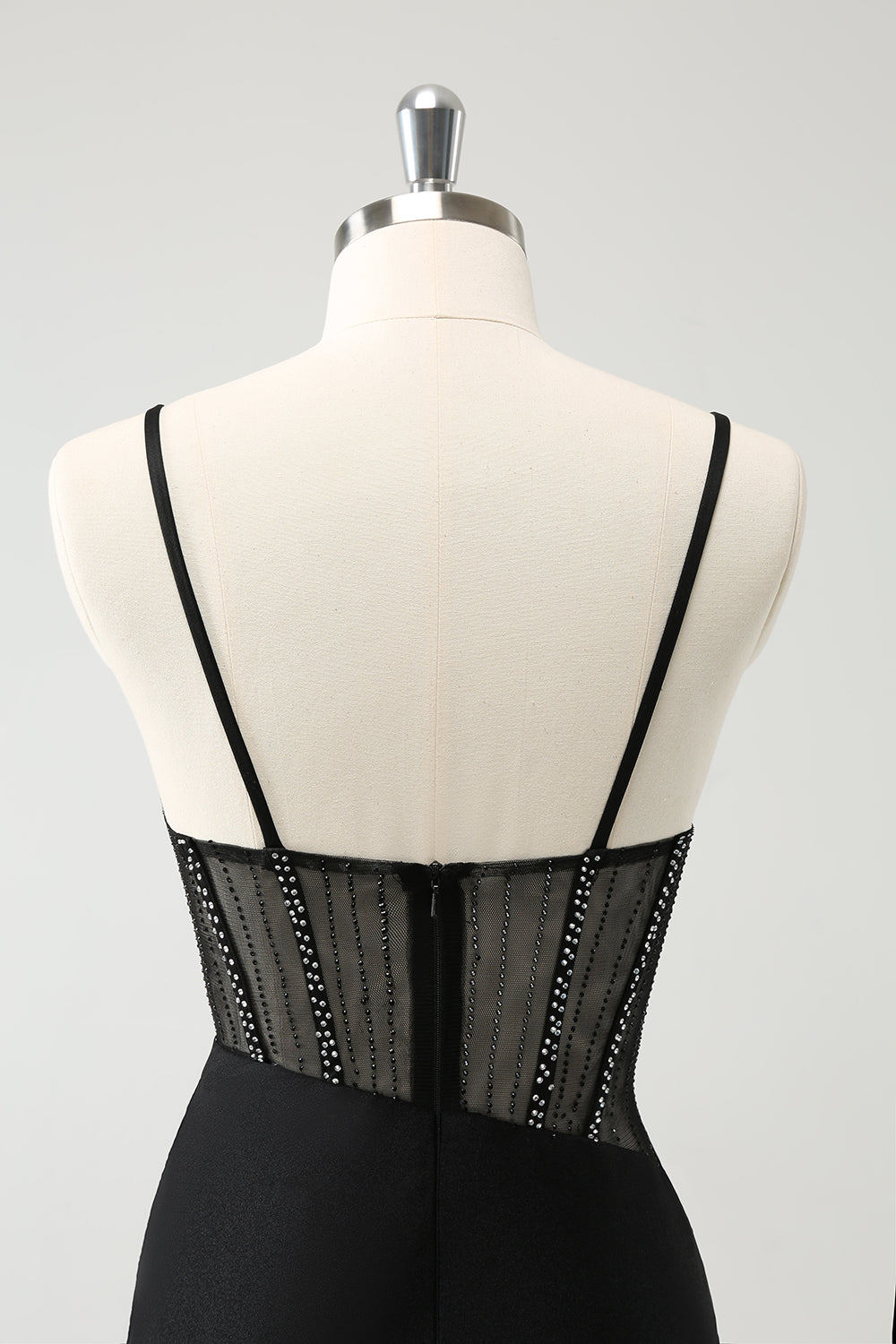 Svart Bodycon Spaghetti Stropper Korsett Kort Homecoming Kjole Med Perler