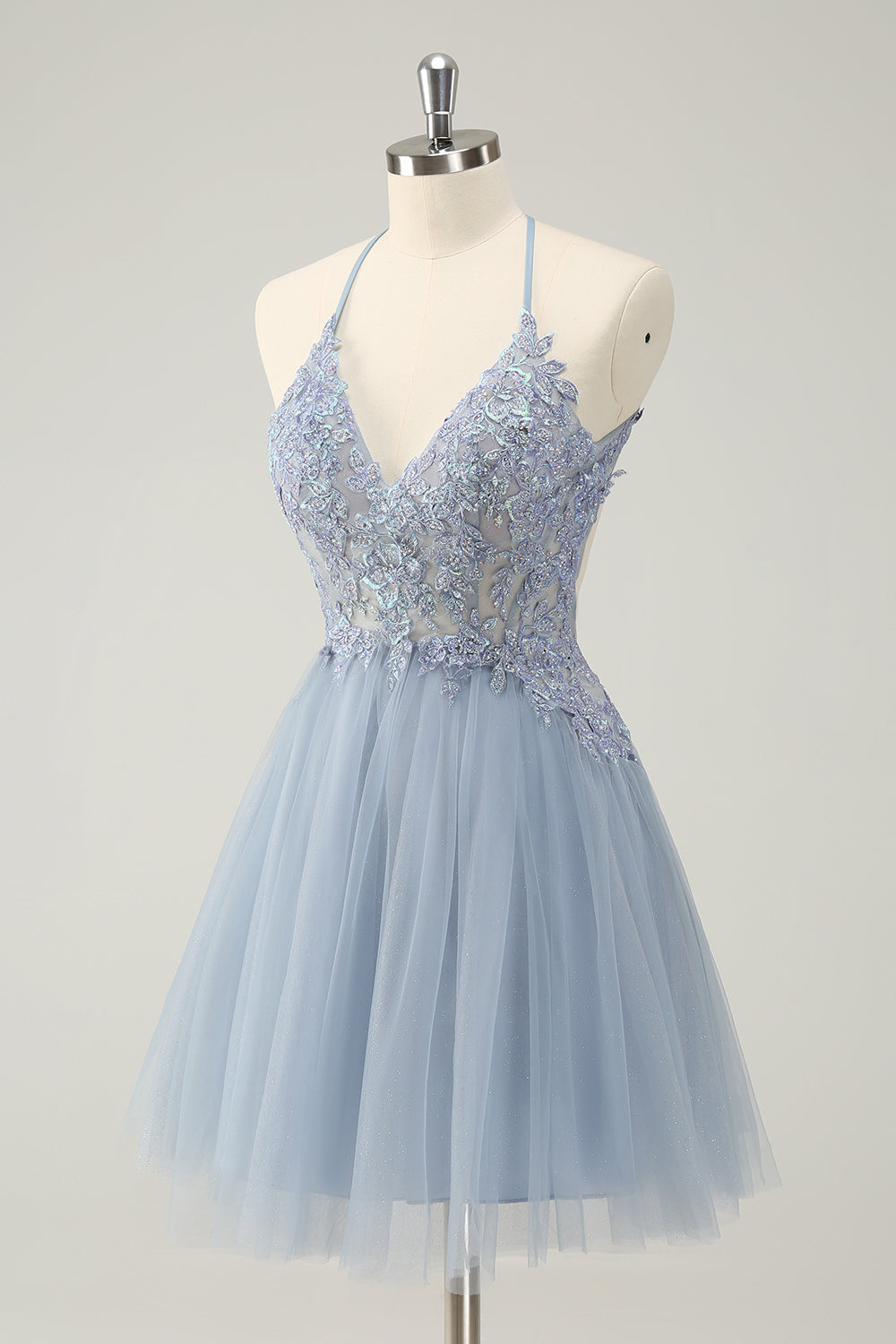 Sparkly Dusty Blue A Line Halter Homecoming Dress med Appliques