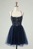 Glitter Navy A-Line Sequined Tylle Homecoming kjole