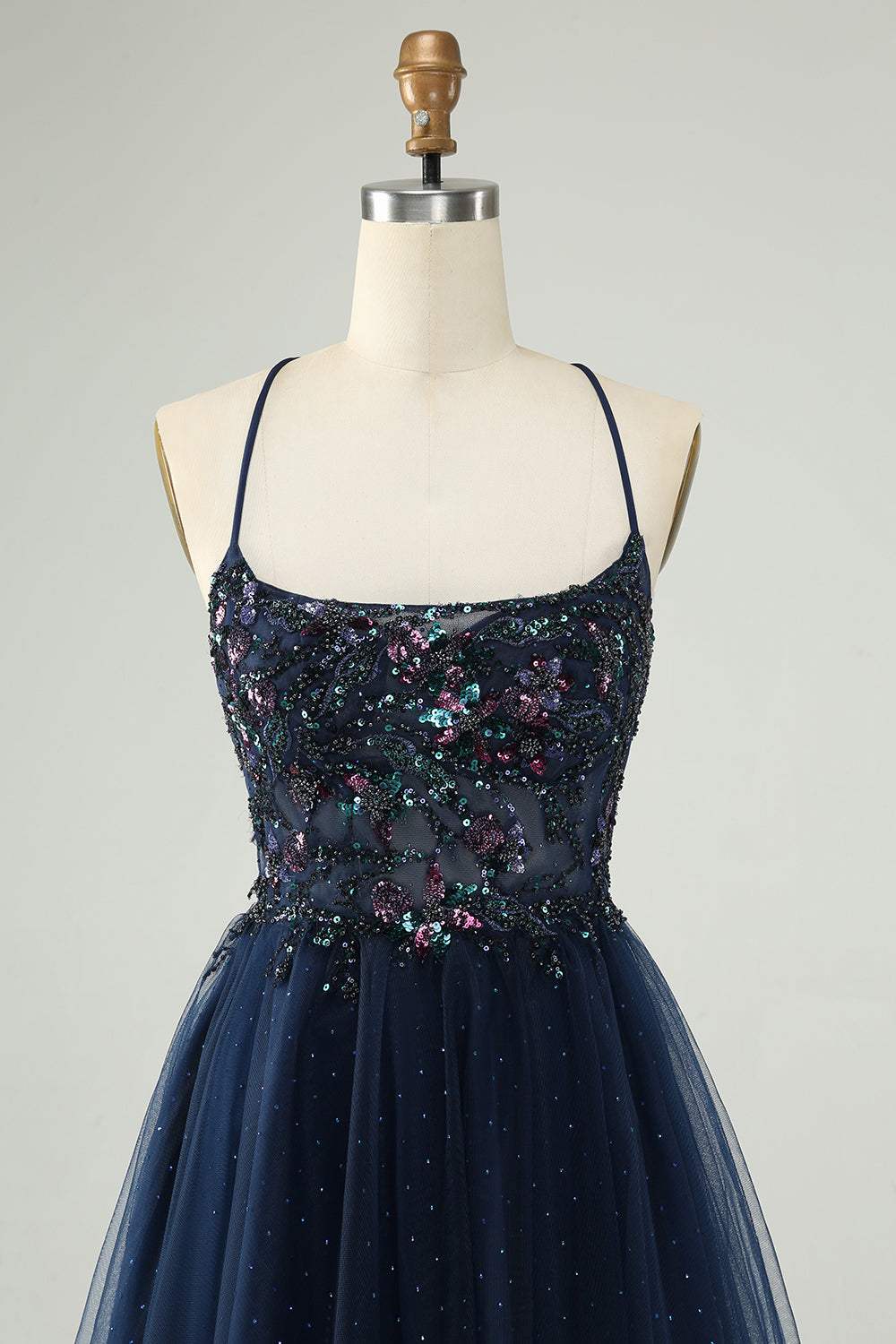 Glitter Navy A-Line Sequined Tylle Homecoming kjole