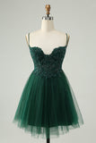 Glitter Mørkegrønn A-Line Beaded Appliques Tylle Homecoming Dress