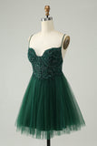 Glitter Mørkegrønn A-Line Beaded Appliques Tylle Homecoming Dress