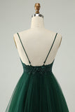 Glitter Mørkegrønn A-Line Beaded Appliques Tylle Homecoming Dress