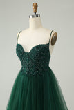 Glitter Mørkegrønn A-Line Beaded Appliques Tylle Homecoming Dress