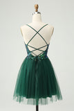 Glitter Mørkegrønn A-Line Sequined Appliques V Neck Homecoming Dress