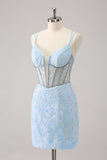 Glitrende Kongeblå Spaghetti Stropper Korsett Stram Homecoming Kjole Med Paljetter