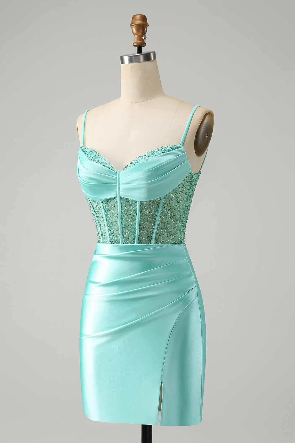 Golden Spaghetti stropper Bodycon Korsett Satin Homecoming kjole med Slit