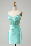 Golden Spaghetti stropper Bodycon Korsett Satin Homecoming kjole med Slit
