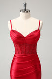 Golden Spaghetti stropper Bodycon Korsett Satin Homecoming kjole med Slit