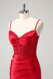 Golden Spaghetti stropper Bodycon Korsett Satin Homecoming kjole med Slit