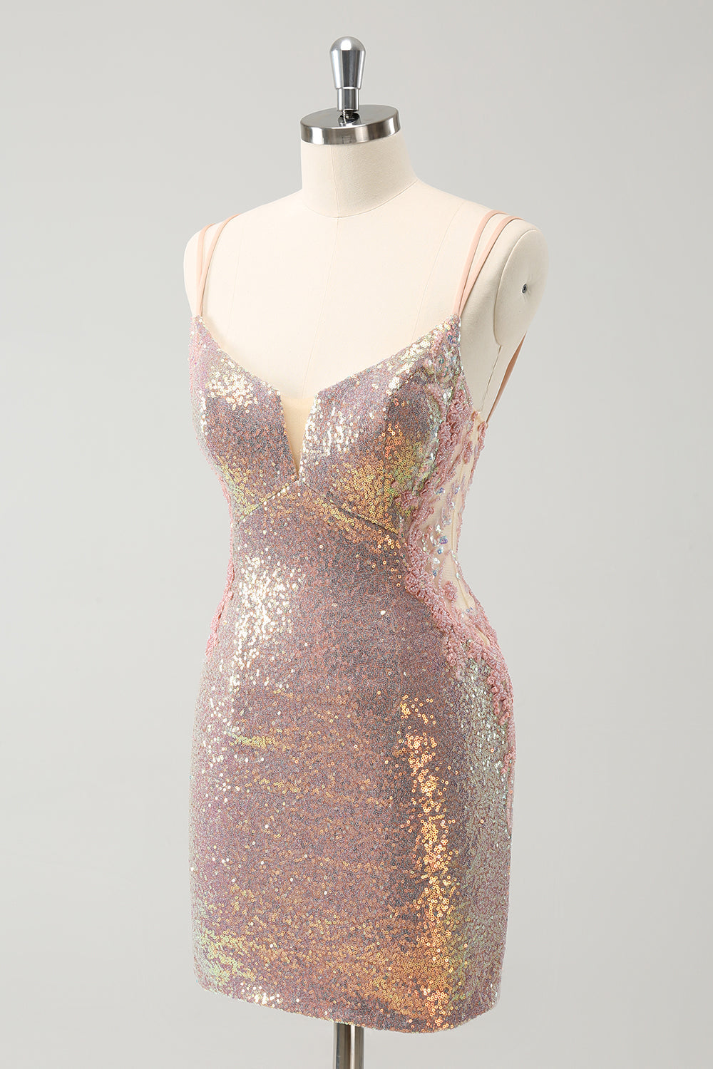 Glitrende Blush Spaghetti Stropper Stram Kort Homecoming Kjole Med Lace-Up Rygg