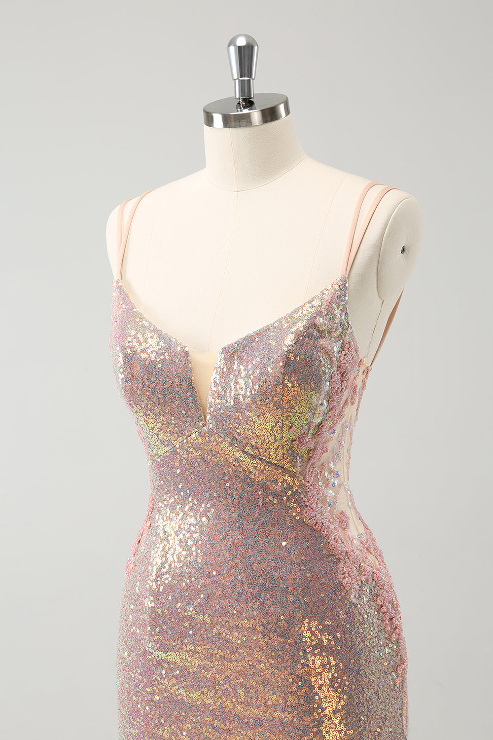 Glitrende Blush Spaghetti Stropper Stram Kort Homecoming Kjole Med Lace-Up Rygg