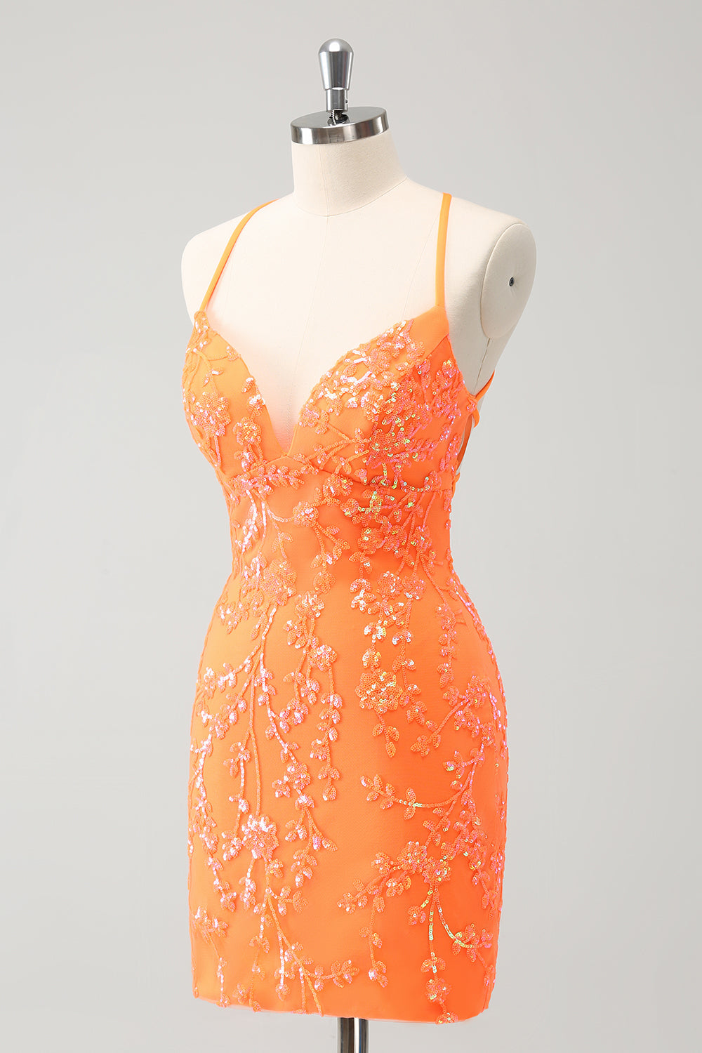 Glitrende Oransje Lace-Up Tilbake Stram Kort Homecoming Kjole Med Paljetter