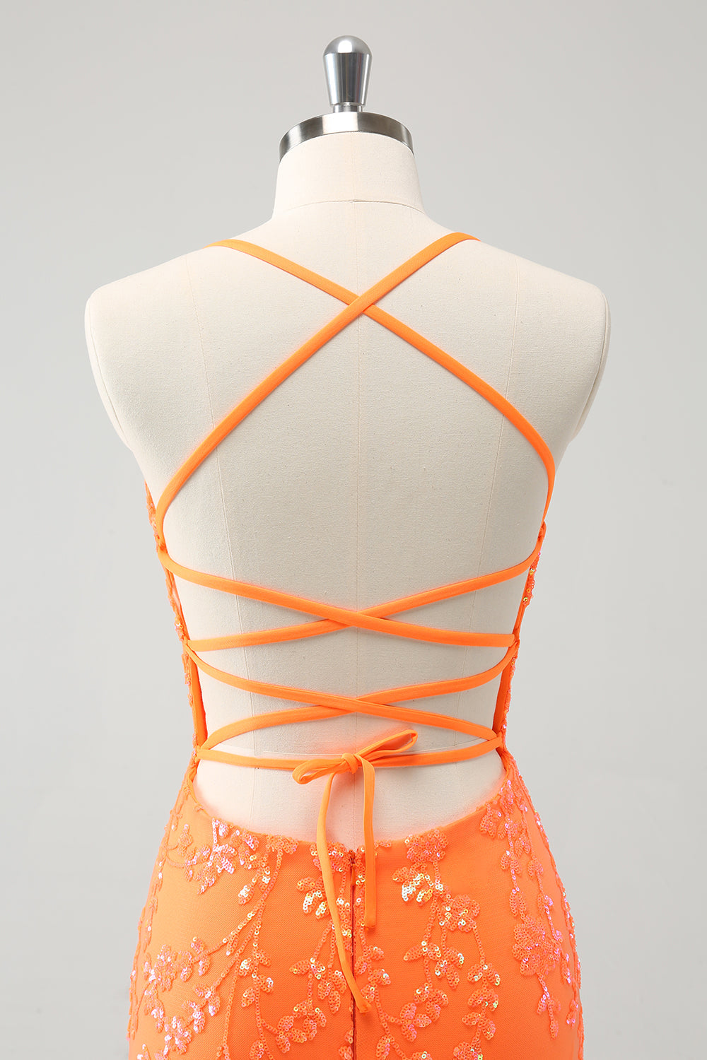 Glitrende Oransje Lace-Up Tilbake Stram Kort Homecoming Kjole Med Paljetter