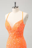 Glitrende Oransje Lace-Up Tilbake Stram Kort Homecoming Kjole Med Paljetter