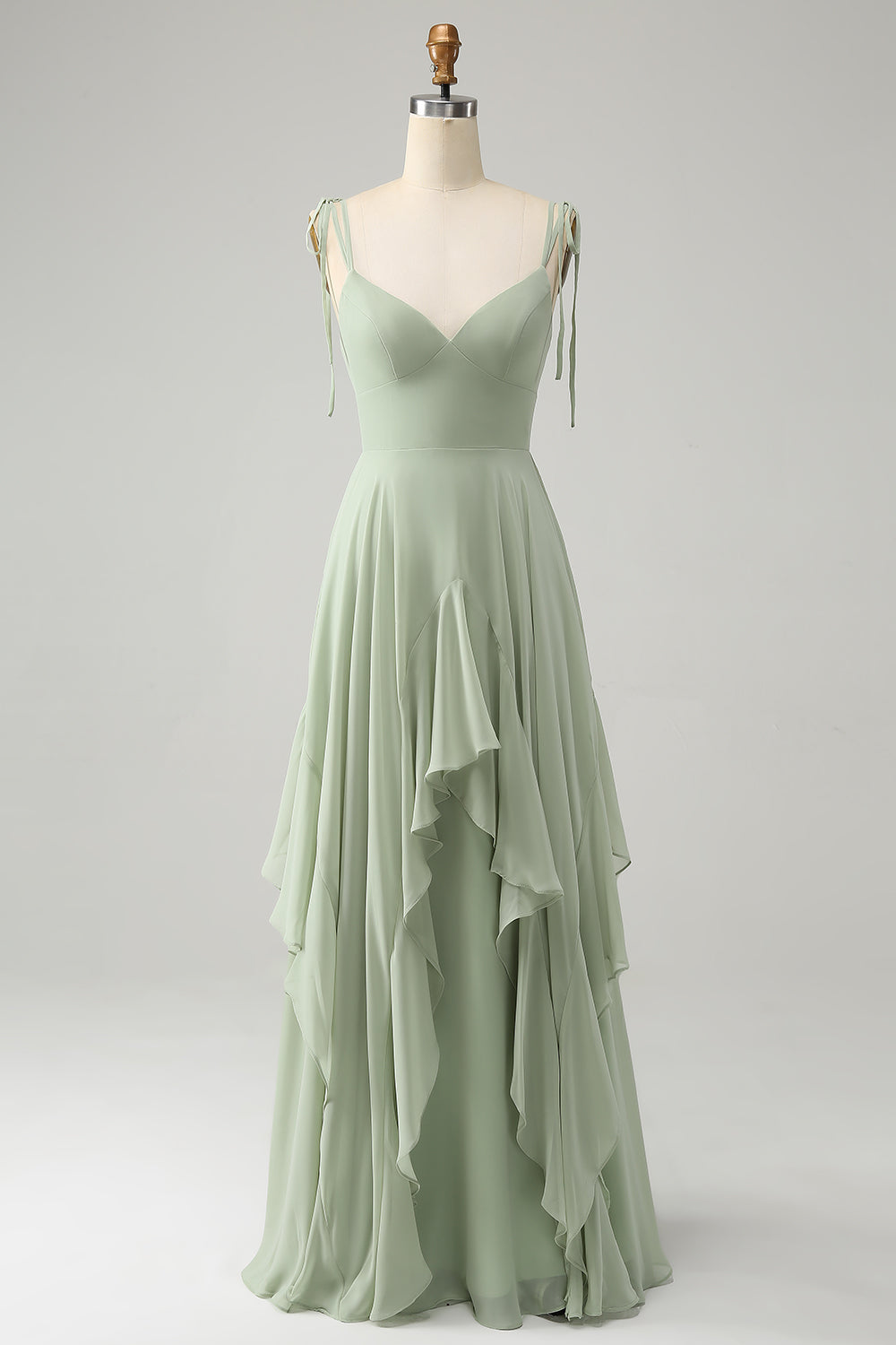 Matcha A-Line Spaghetti stropper Chiffon brudepike kjole med volanger