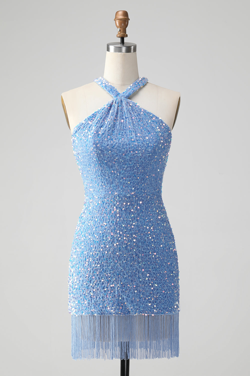 Sparkly Royal Blue Bodycon Halter Sequin Kort Homecoming kjole med dusk