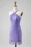 Sparkly Royal Blue Bodycon Halter Sequin Kort Homecoming kjole med dusk