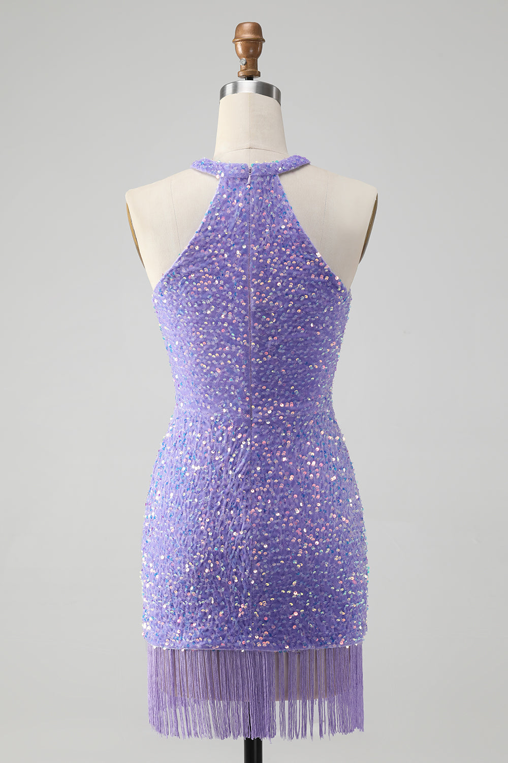 Sparkly Lilac Bodycon Halter Tassel Kort Homecoming kjole med paljetter