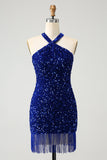 Sparkly Royal Blue Bodycon Halter Sequin Kort Homecoming kjole med dusk