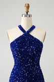 Sparkly Royal Blue Bodycon Halter Sequin Kort Homecoming kjole med dusk
