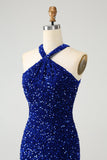 Sparkly Royal Blue Bodycon Halter Sequin Kort Homecoming kjole med dusk