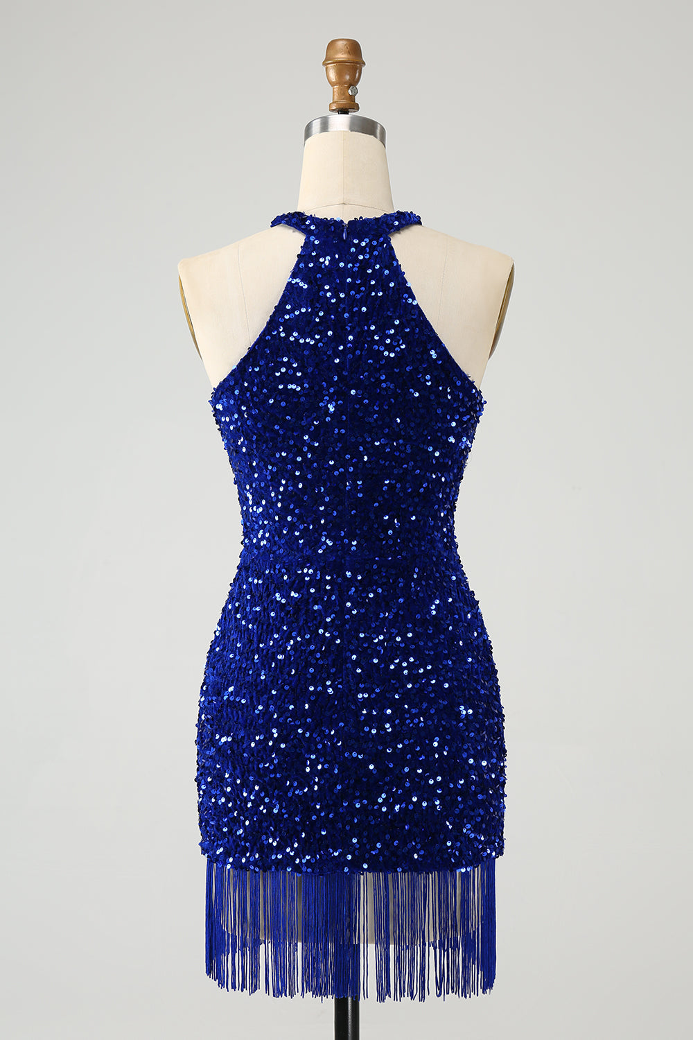 Sparkly Royal Blue Bodycon Halter Sequin Kort Homecoming kjole med dusk