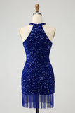 Sparkly Royal Blue Bodycon Halter Sequin Kort Homecoming kjole med dusk