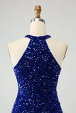 Sparkly Royal Blue Bodycon Halter Sequin Kort Homecoming kjole med dusk
