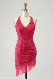 Glitrende Fuchsia paljetter Halter Short Bodycon Homecoming kjole med dusker