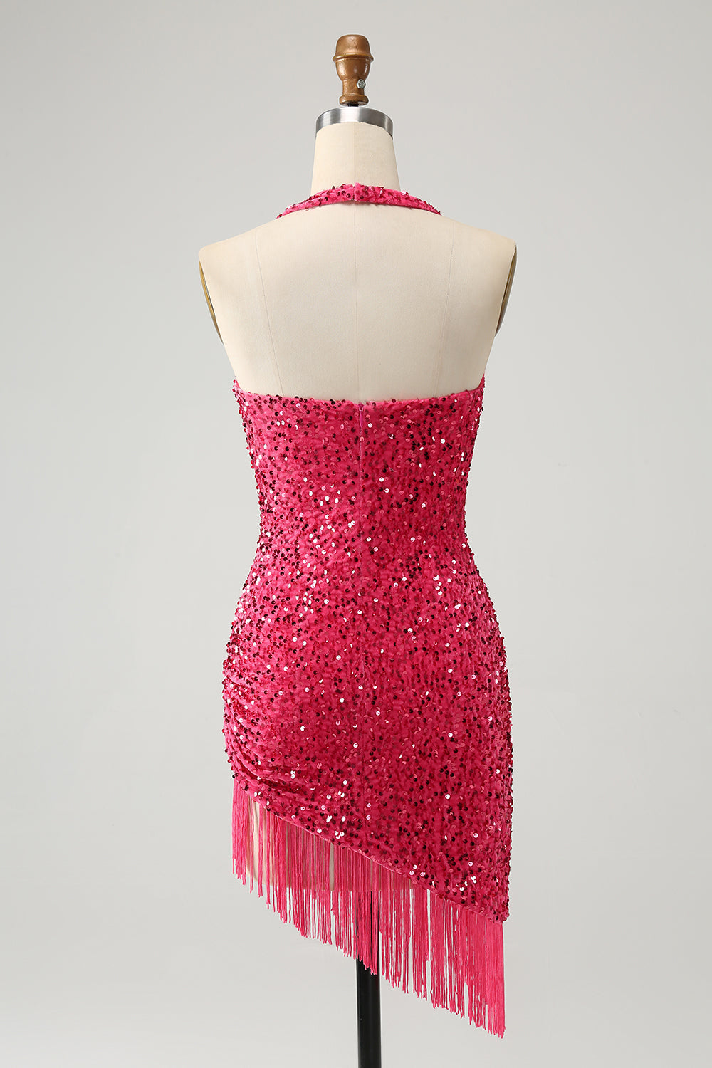 Glitrende Fuchsia paljetter Halter Short Bodycon Homecoming kjole med dusker