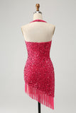 Glitrende Fuchsia paljetter Halter Short Bodycon Homecoming kjole med dusker