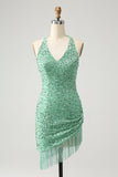 Glitrende Fuchsia paljetter Halter Short Bodycon Homecoming kjole med dusker