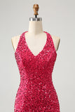 Glitrende Fuchsia paljetter Halter Short Bodycon Homecoming kjole med dusker