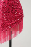 Glitrende Fuchsia paljetter Halter Short Bodycon Homecoming kjole med dusker