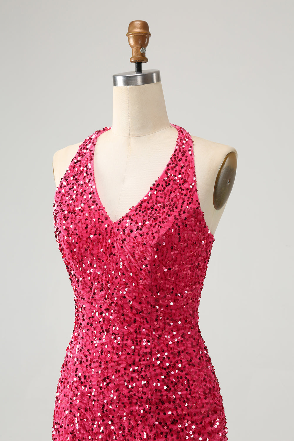 Glitrende Fuchsia paljetter Halter Short Bodycon Homecoming kjole med dusker