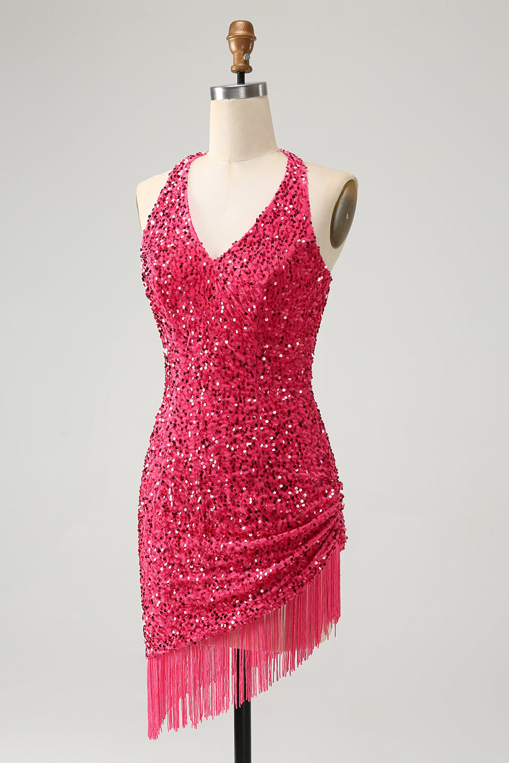 Glitrende Fuchsia paljetter Halter Short Bodycon Homecoming kjole med dusker