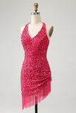 Glitrende Fuchsia paljetter Halter Short Bodycon Homecoming kjole med dusker