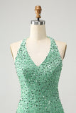 Glitrende Fuchsia paljetter Halter Short Bodycon Homecoming kjole med dusker