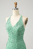 Glitrende Fuchsia paljetter Halter Short Bodycon Homecoming kjole med dusker