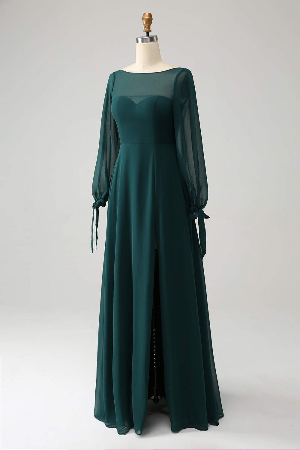 A Line Dark Green Bateau Neck Chiffon brudepike kjole med Slit