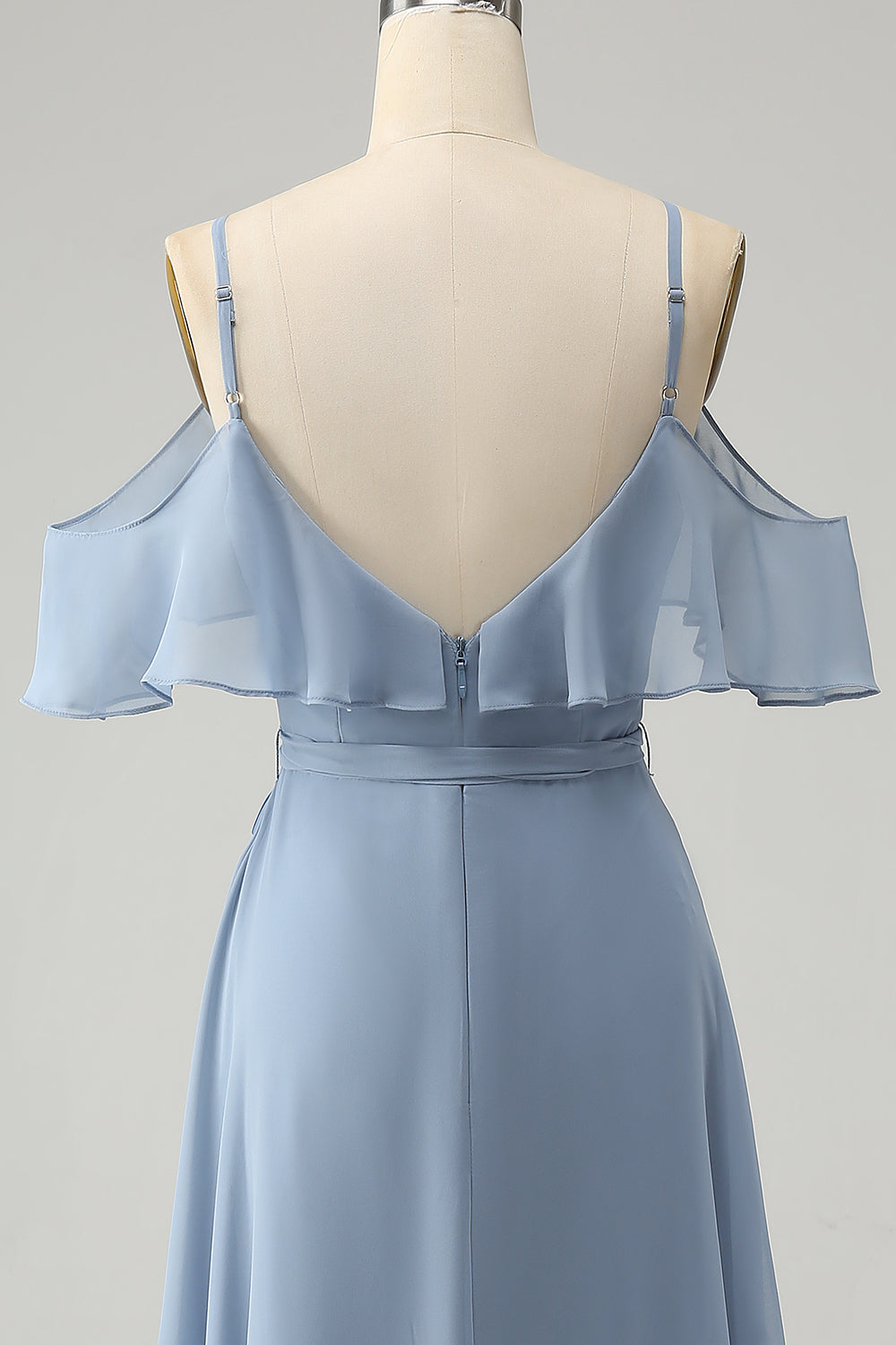 Grå blå Spaghetti stropper V-hals Chiffon brudepike kjole med Slit