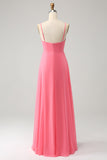 Coral A Line V Neck Spaghetti stropper Chiffon Long brudepike kjole med spalt