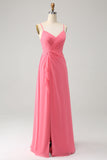 Coral A Line V Neck Spaghetti stropper Chiffon Long brudepike kjole med spalt