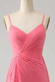 Coral A Line V Neck Spaghetti stropper Chiffon Long brudepike kjole med spalt