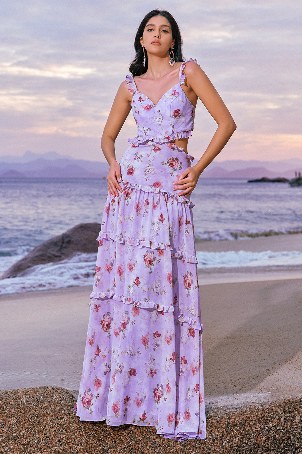 Off the Shoulder Lilla Floral A-linje Chiffon Brudepikekjole